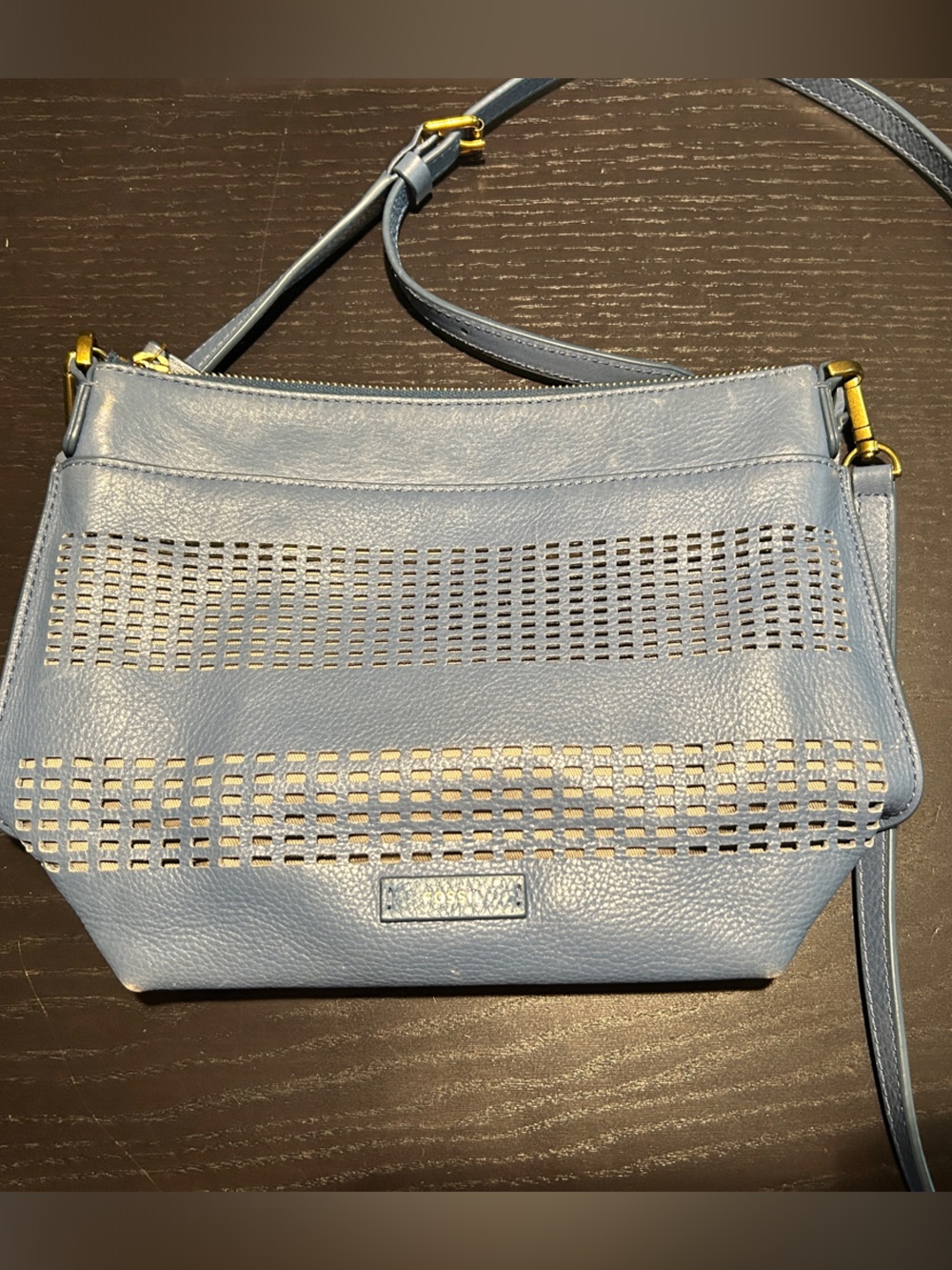 Fossil Blue Perforated Leather Crossbody with Gold Hardware